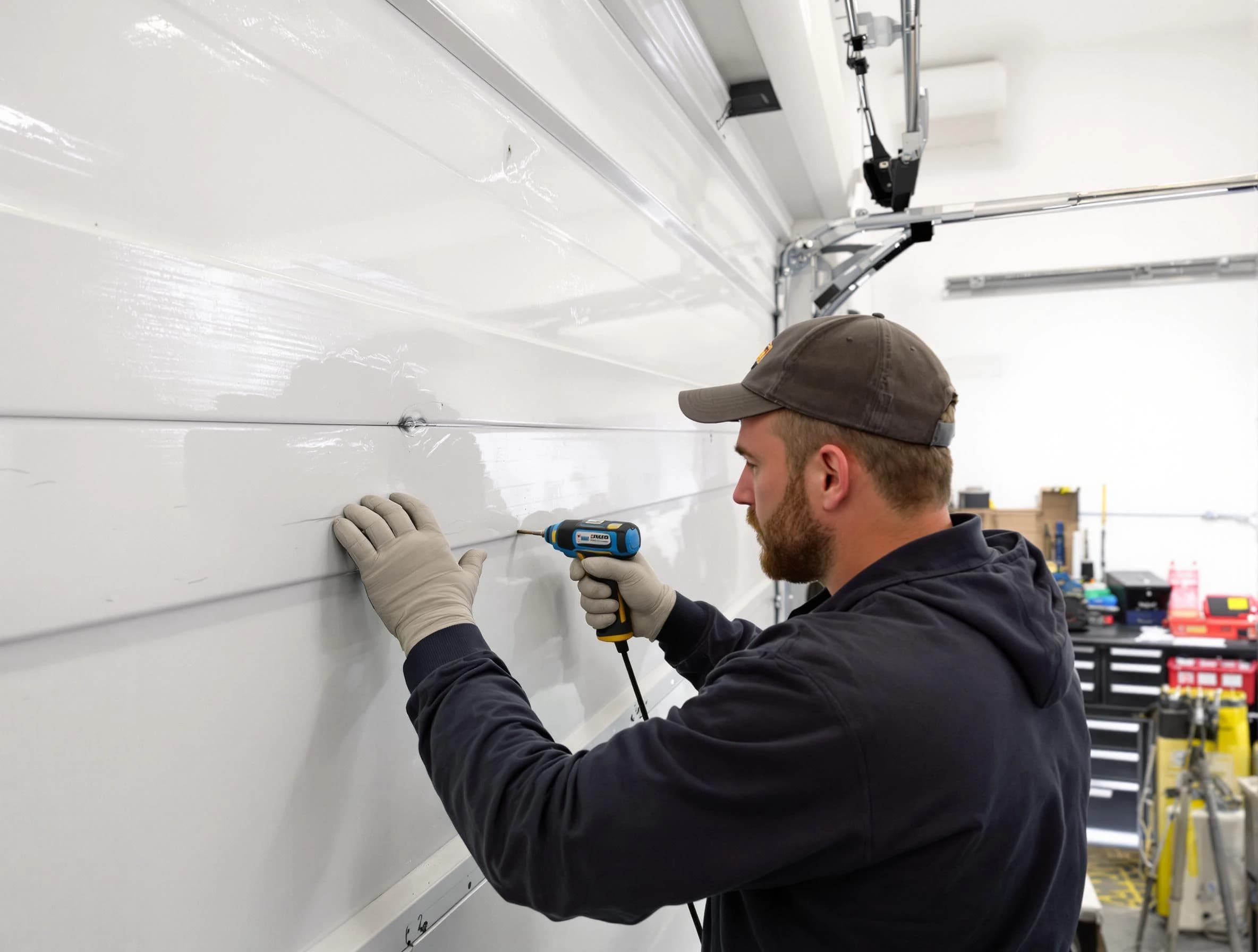 Greenwood Village Garage Door Repair technician demonstrating precision dent removal techniques on a Greenwood Village garage door
