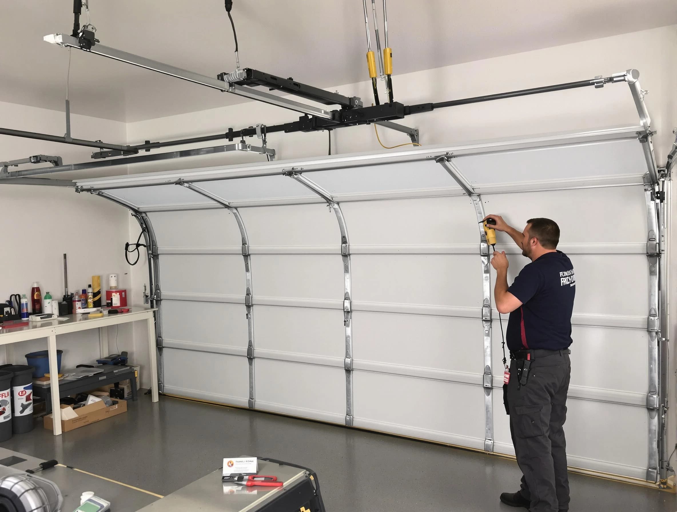 Greenwood Village Garage Door Repair certified technician performing overhead door system repair in Greenwood Village