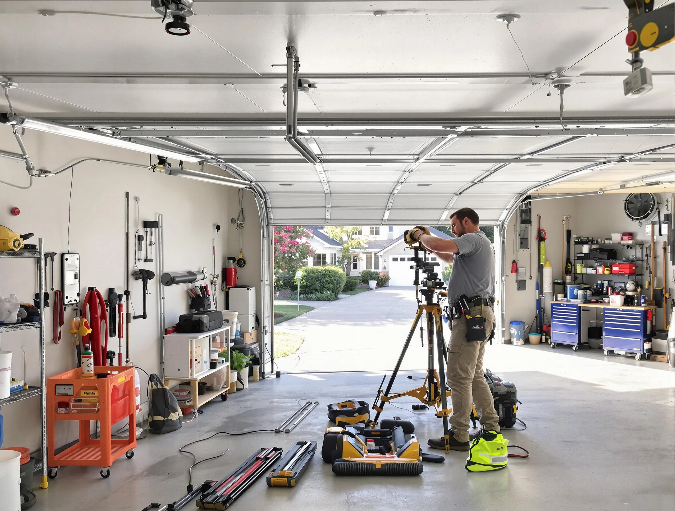 Greenwood Village Garage Door Repair specialist performing laser-guided track alignment in Greenwood Village